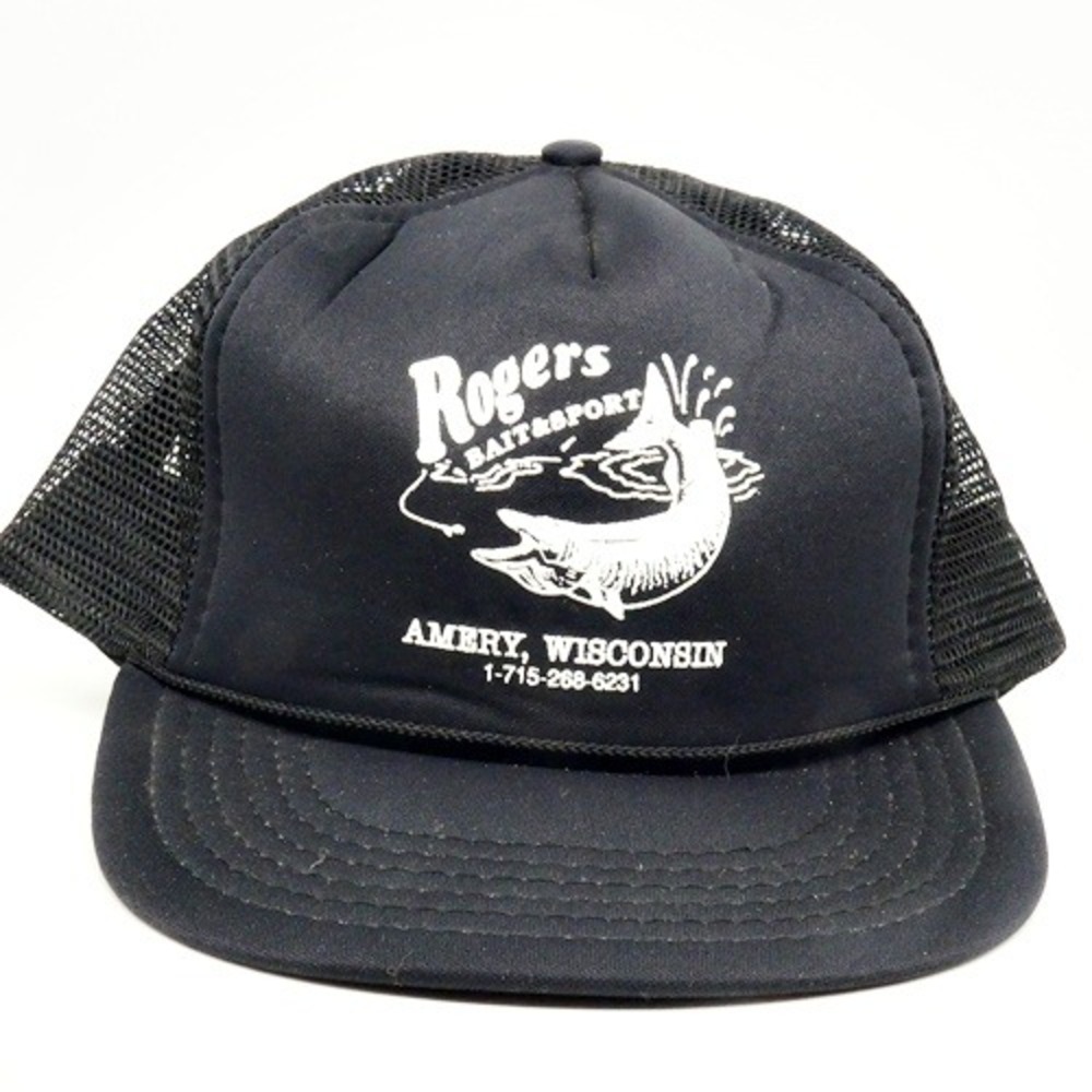 Vintage Rogers Bait & Sport Amery Wisconsin Black Mesh Trucker Hat NEW